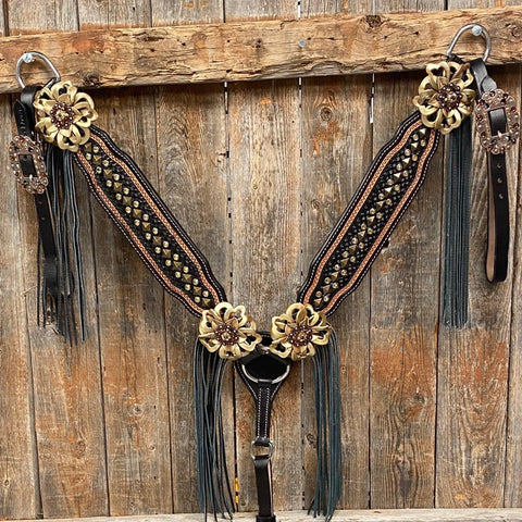 Two Tone Leather - Brass Studded Gold Browband / Breastcollar Tack Set