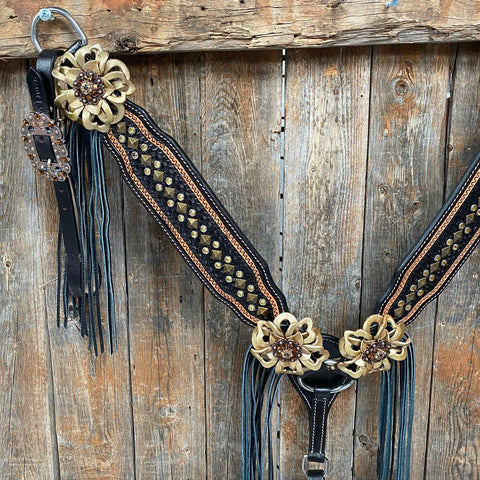 Two Tone Leather - Brass Studded Gold Browband / Breastcollar Tack Set