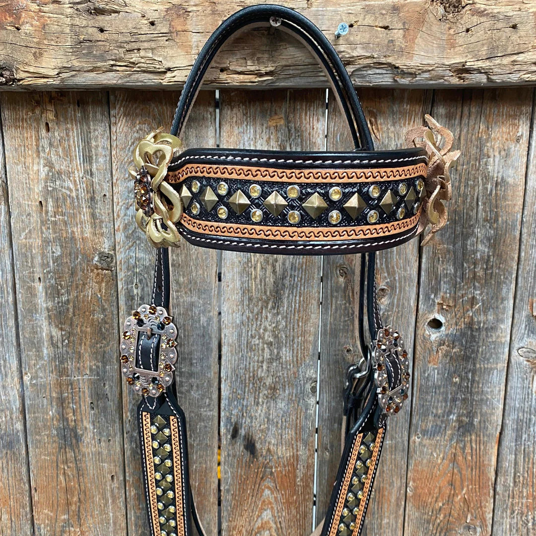 Two Tone Leather - Brass Studded Gold Browband / Breastcollar Tack Set