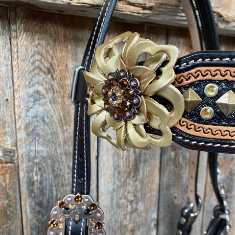 Two Tone Leather - Brass Studded Gold Browband / Breastcollar Tack Set