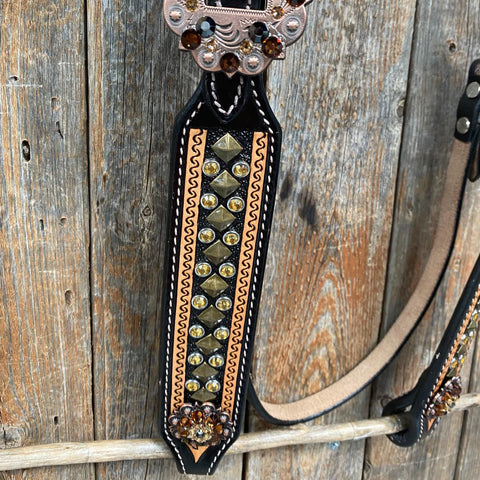 Two Tone Leather - Brass Studded Gold Browband / Breastcollar Tack Set