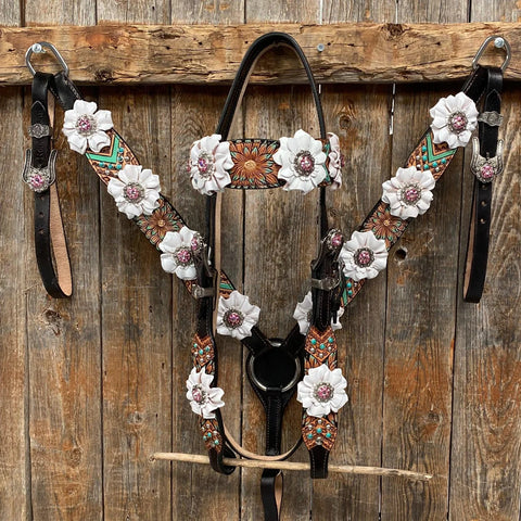 Two Tone Floral Pink and White Browband/ Breastcollar Tack Set