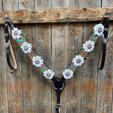 Two Tone Floral Pink and White Browband/ Breastcollar Tack Set