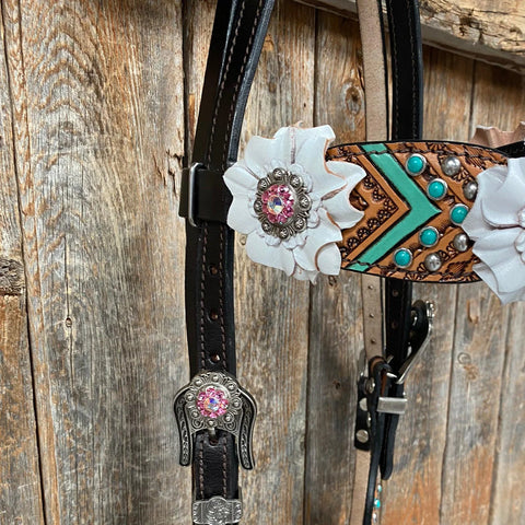 Two Tone Floral Pink and White Browband/ Breastcollar Tack Set