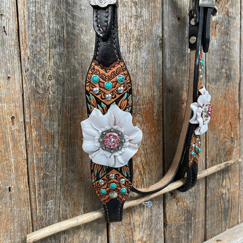 Two Tone Floral Pink and White Browband/ Breastcollar Tack Set