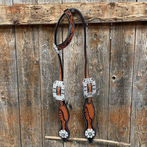 Two Tone Leaf Jet and Clear One Ear & Breastcollar Tack Set