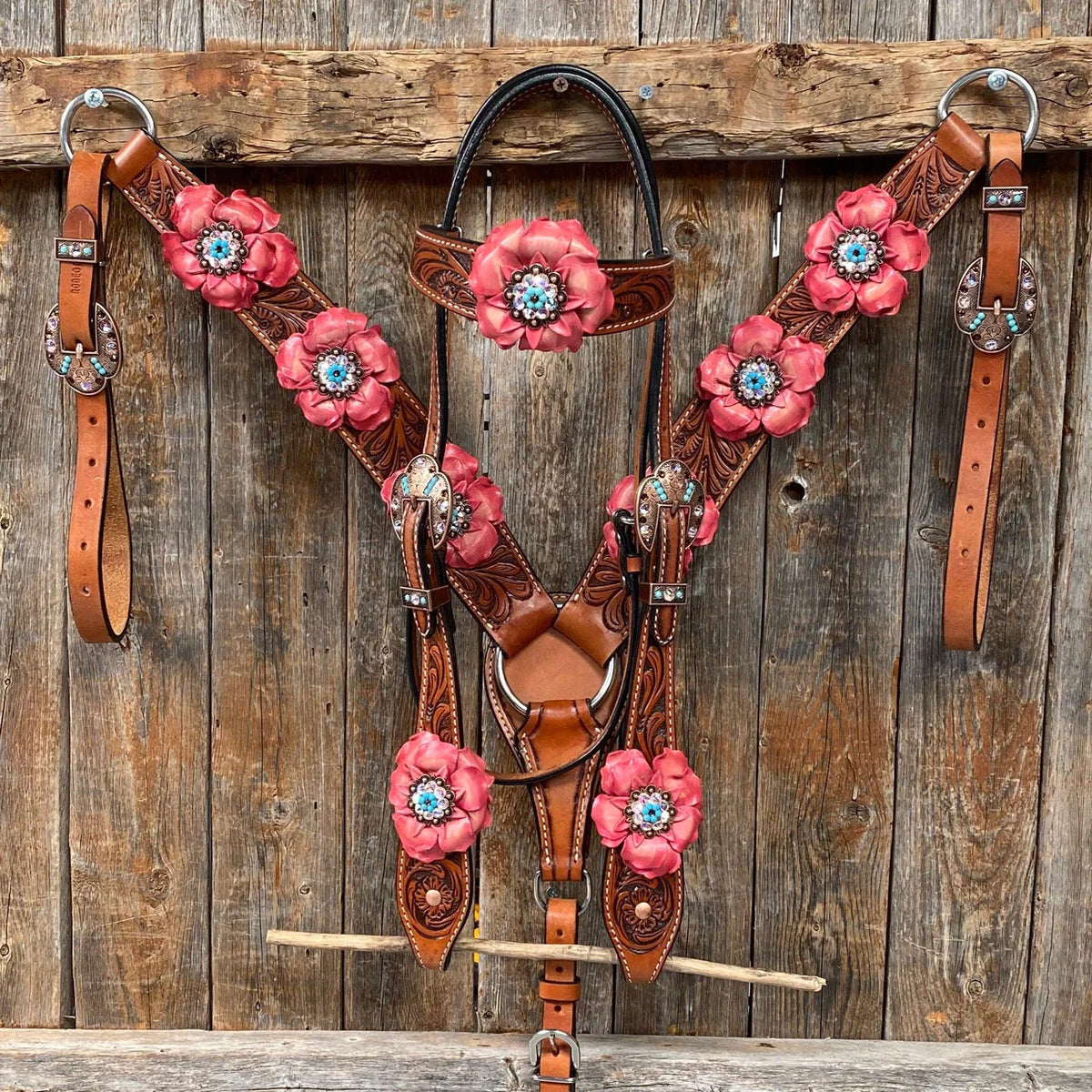 Honey Colored Floral Pink and Turquoise Tack Set