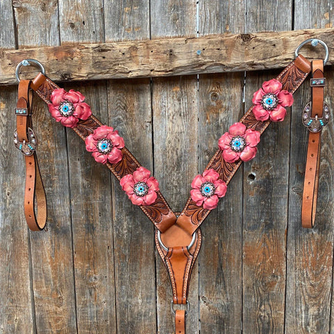 Honey Colored Floral Pink and Turquoise Tack Set