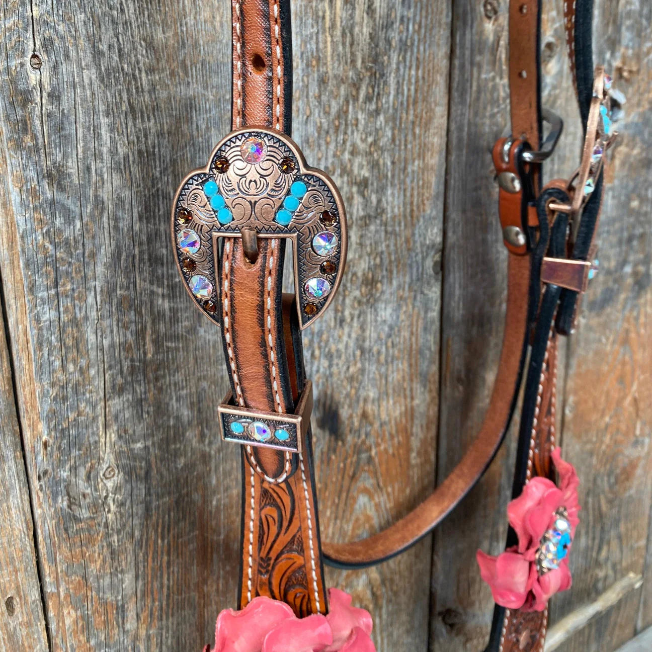 Honey Colored Floral Pink and Turquoise Tack Set