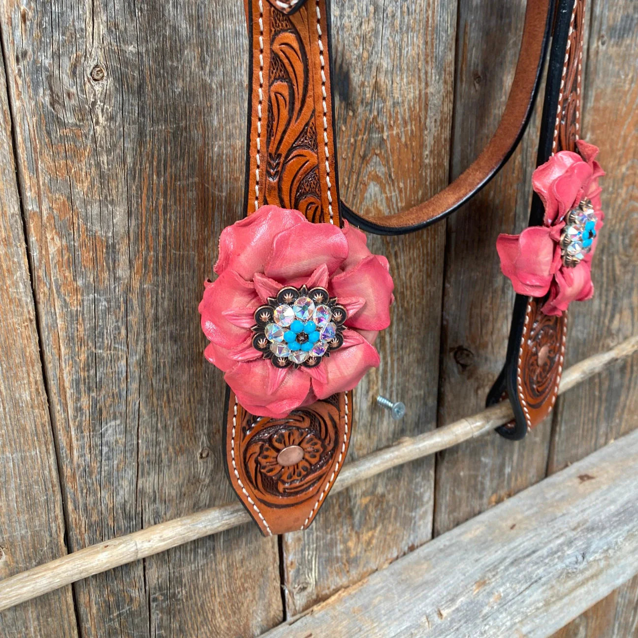 Honey Colored Floral Pink and Turquoise Tack Set