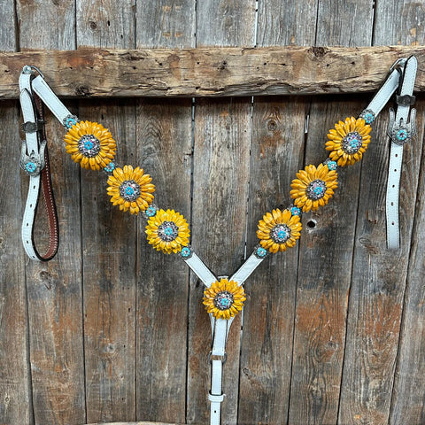 White Leather Turquoise Sunflower One Ear/ Breastcollar Tack Set