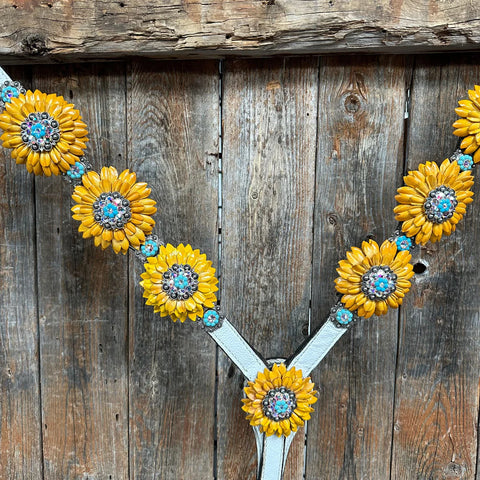 White Leather Turquoise Sunflower One Ear/ Breastcollar Tack Set