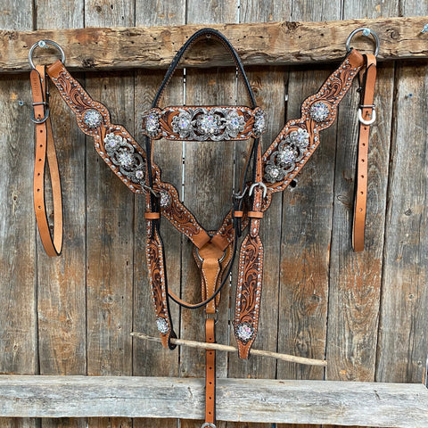 Silver Dot and Buckstitch Fancy AB Browband Tack Set