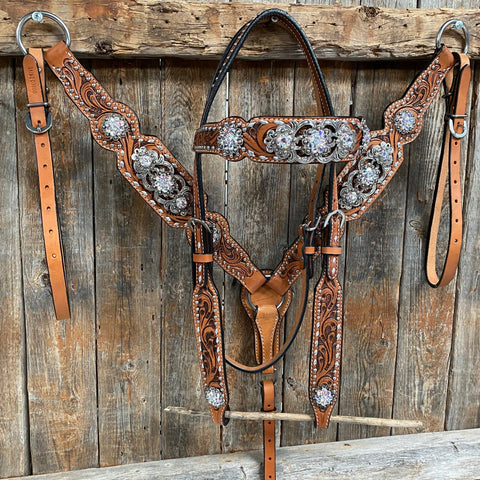 Silver Dot and Buckstitch Fancy AB Browband Tack Set