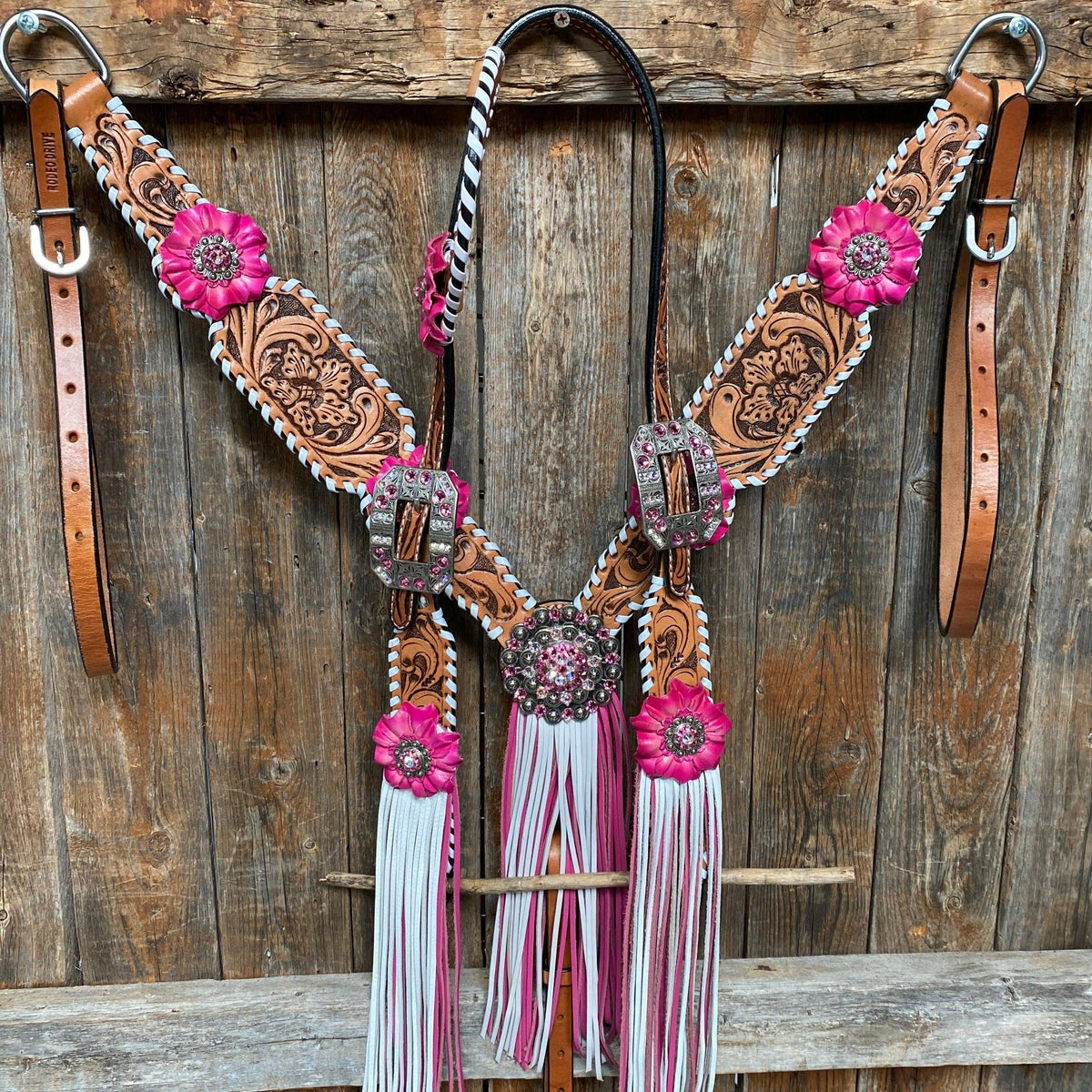 Light Oil Whipstitch Pink and White One Ear & Breastcollar Tack Set