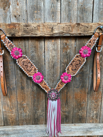 Light Oil Whipstitch Pink and White One Ear & Breastcollar Tack Set