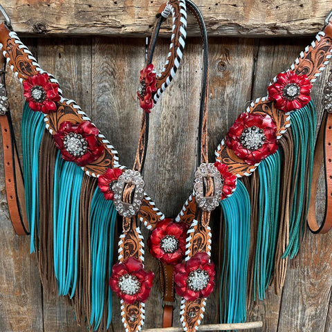 Light Oil Whipstitch Red and Turquoise One Ear/ Breastcollar Tack Set