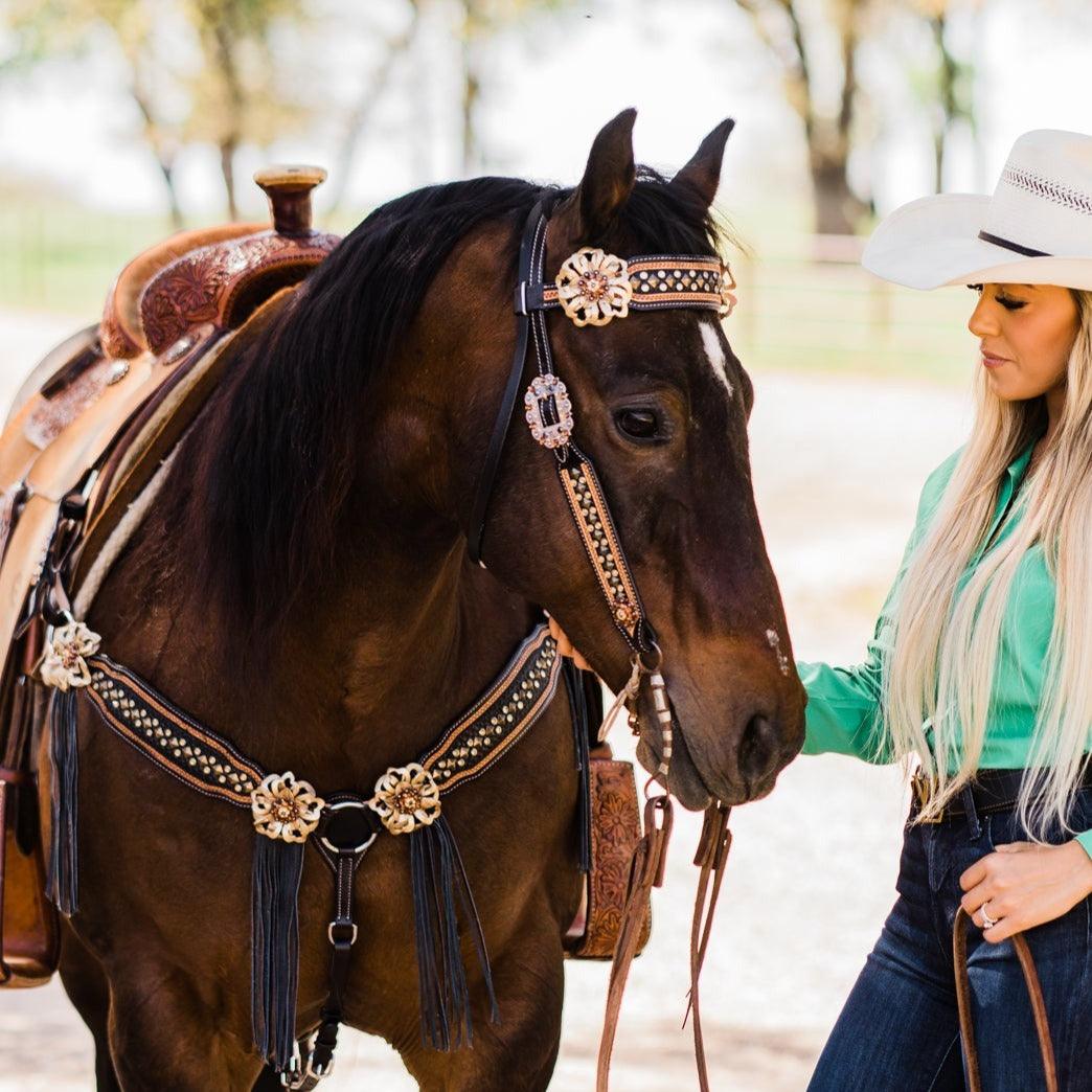 Two Tone Leather - Brass Studded Gold Browband / Breastcollar Tack Set