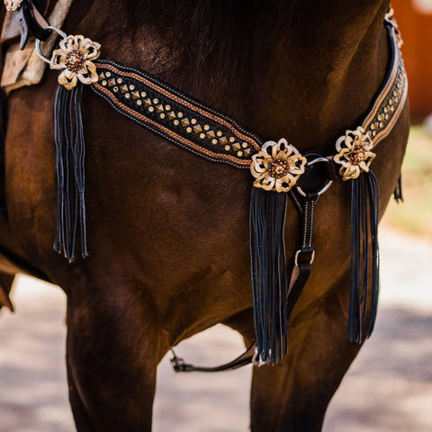 Two Tone Leather - Brass Studded Gold Browband / Breastcollar Tack Set