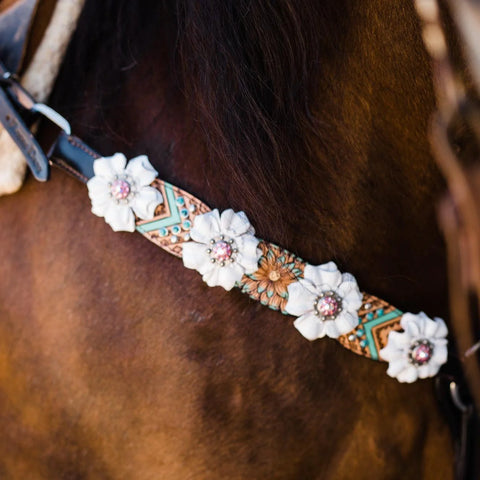 Two Tone Floral Pink and White Browband/ Breastcollar Tack Set