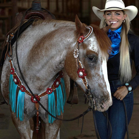 Light Oil Whipstitch Red and Turquoise One Ear/ Breastcollar Tack Set