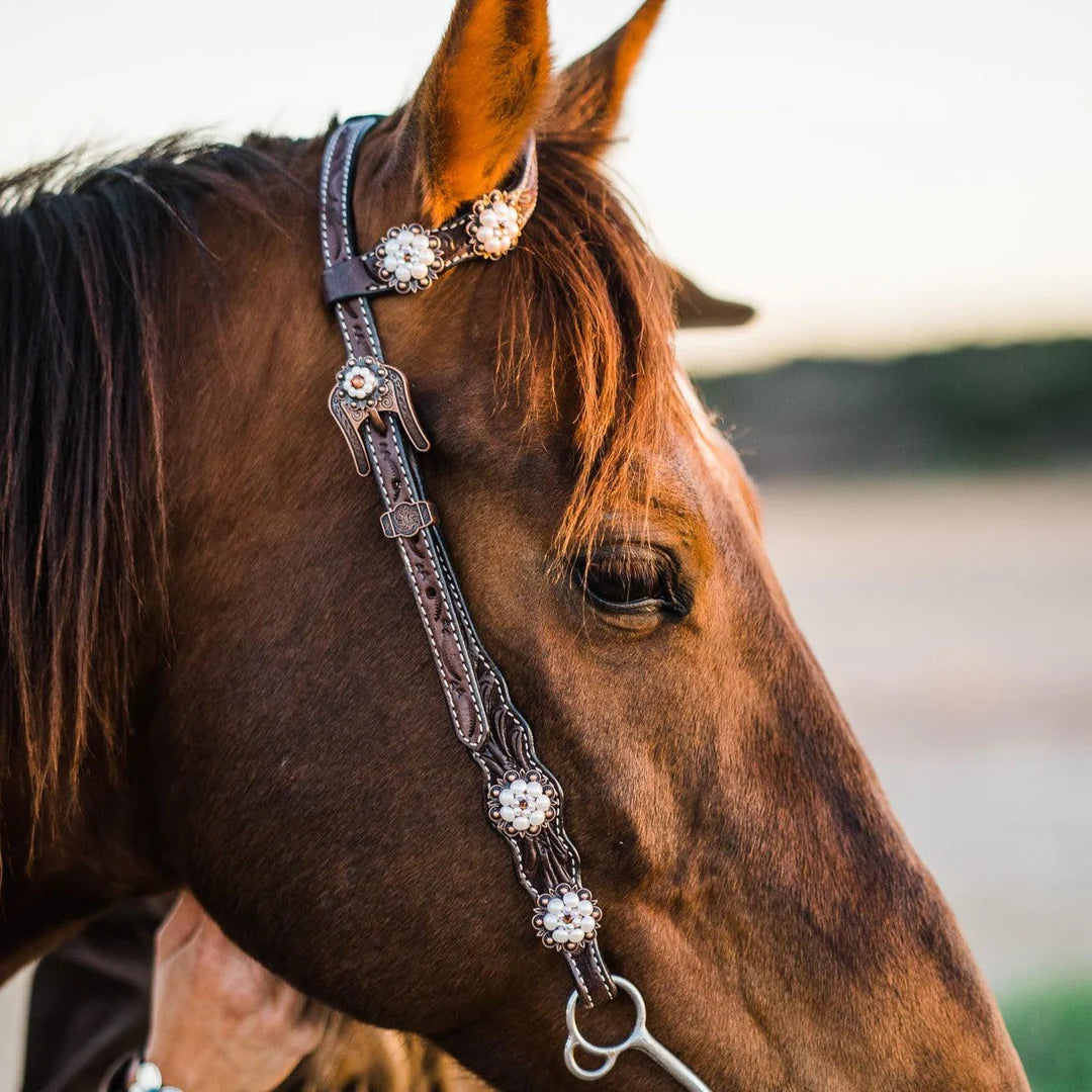 Dark Oil Floral Topaz and Pearl One Ear/ Breastcollar Tack Set