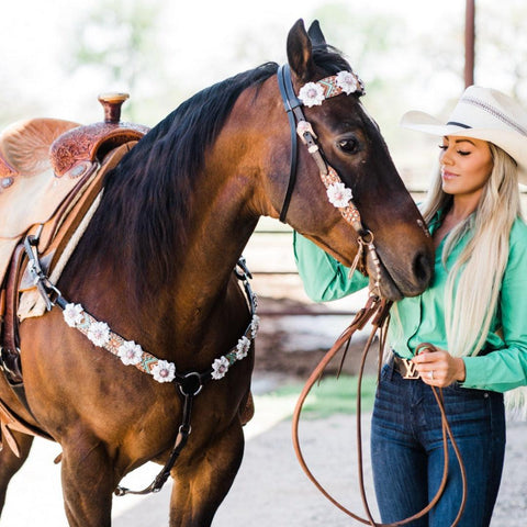 Two Tone Floral Pink and White Browband/ Breastcollar Tack Set