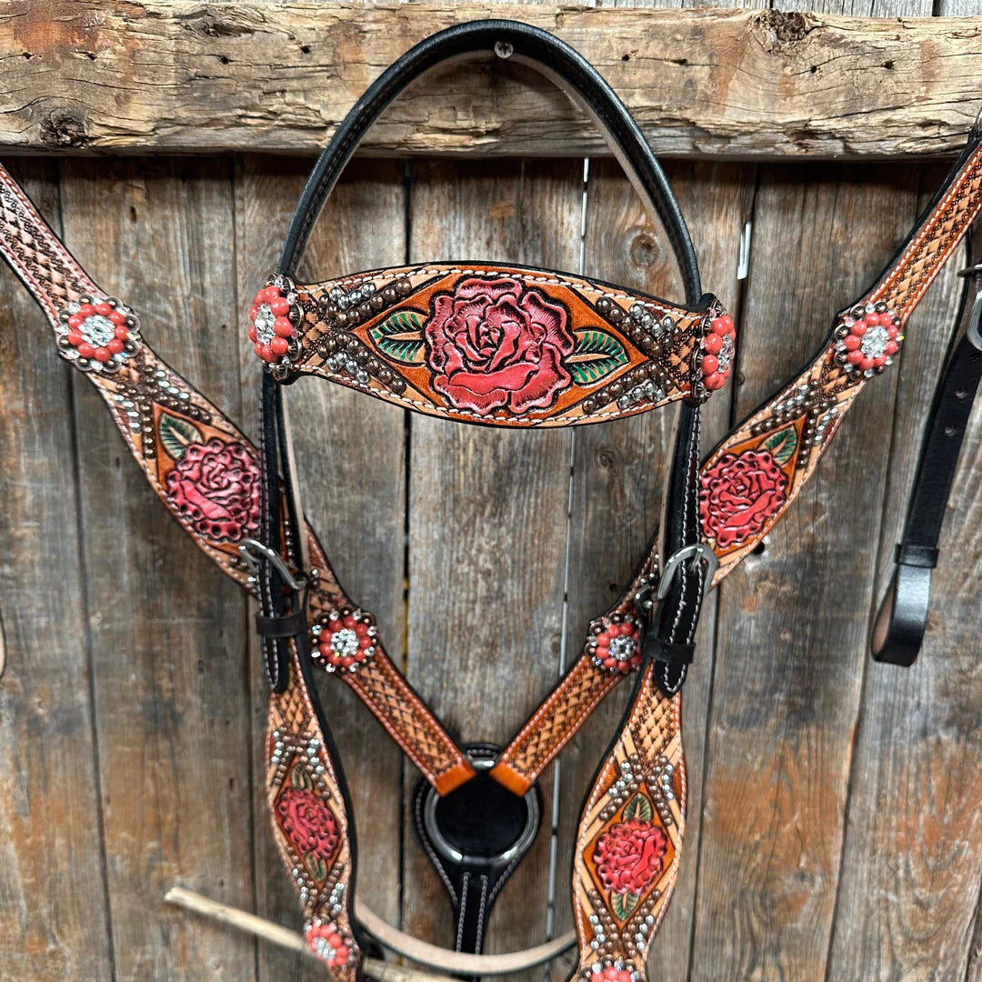 Rose Coral and Clear Browband/ Breastcollar Tack Set