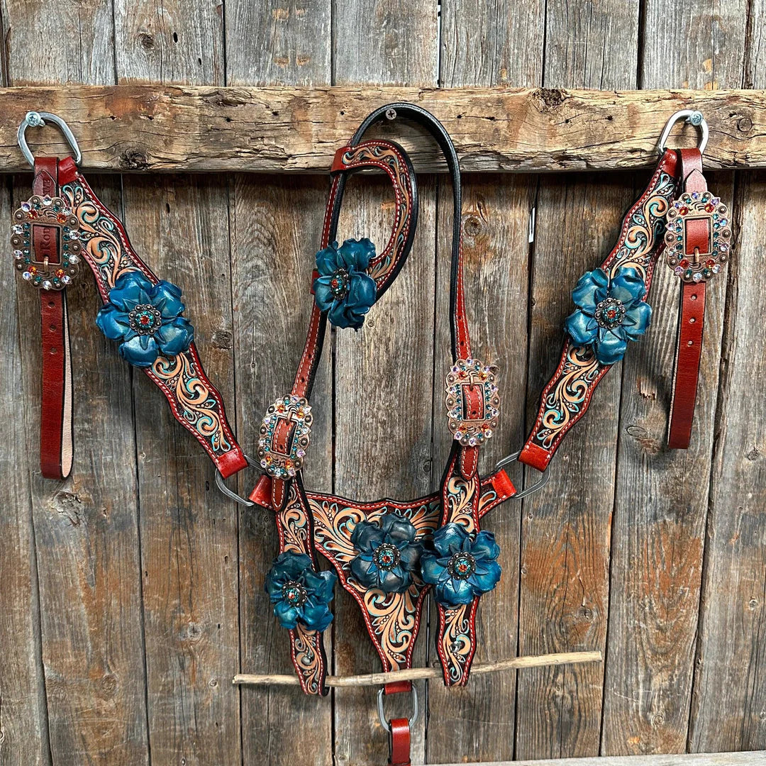 Rust Triangle Turquoise Flower One Ear/ Breastcollar Tack Set