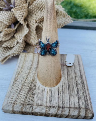 Old Pawn Vintage Navajo Sterling Silver, Turquoise & Coral Butterfly Ring Size 5