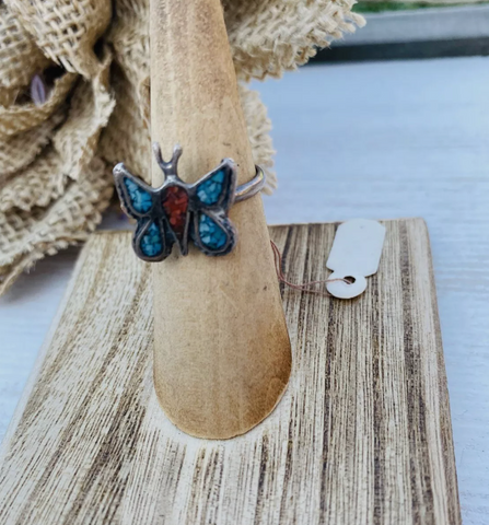 Old Pawn Vintage Navajo Sterling Silver, Turquoise & Coral Butterfly Ring Size 5