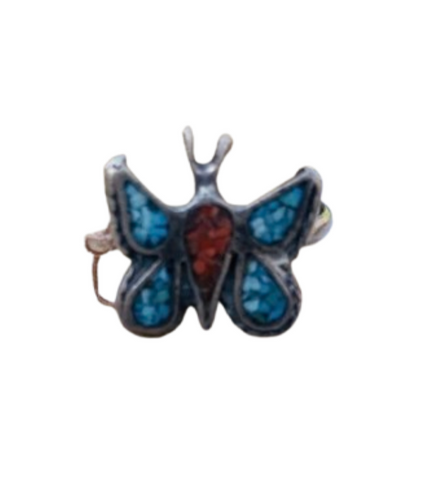 Old Pawn Vintage Navajo Sterling Silver, Turquoise & Coral Butterfly Ring Size 5