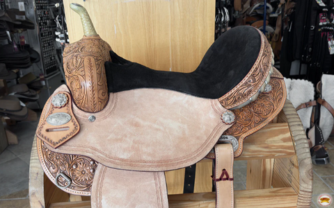 Hilason Western Horse Flex Tree Floral Barrel Trail Hand Tooled American Leather Saddle Tan