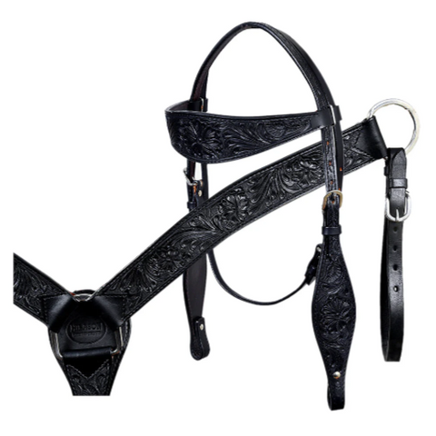 HILASON Western Horse Headstall Breast Collar Set Genuine American Leather Floral Black