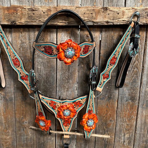 Teal Two Tone Orange and Turquoise Browband/ Gladiator Breastcollar Tack Set