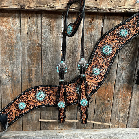 Two Tone Floral Tripping Turquoise & Clear One Ear / Browband Breastcollar Tack Set