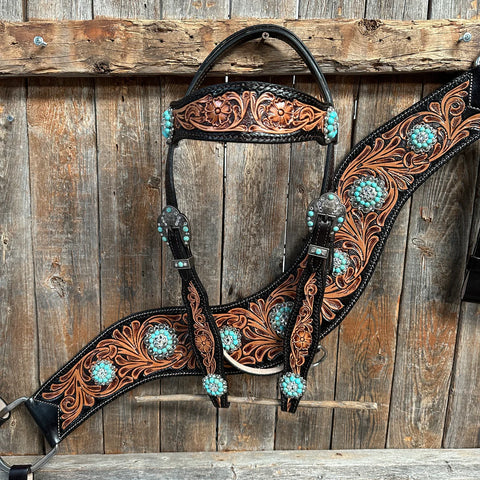 Two Tone Floral Tripping Turquoise & Clear One Ear / Browband Breastcollar Tack Set