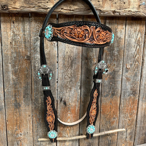 Two Tone Floral Tripping Turquoise & Clear One Ear / Browband Breastcollar Tack Set