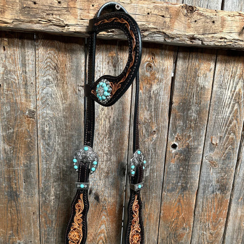 Two Tone Floral Tripping Turquoise & Clear One Ear / Browband Breastcollar Tack Set