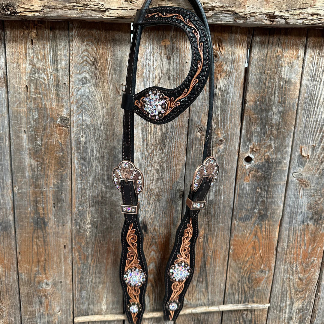 Two Tone Floral AB One Ear / Browband Breastcollar Tack Set