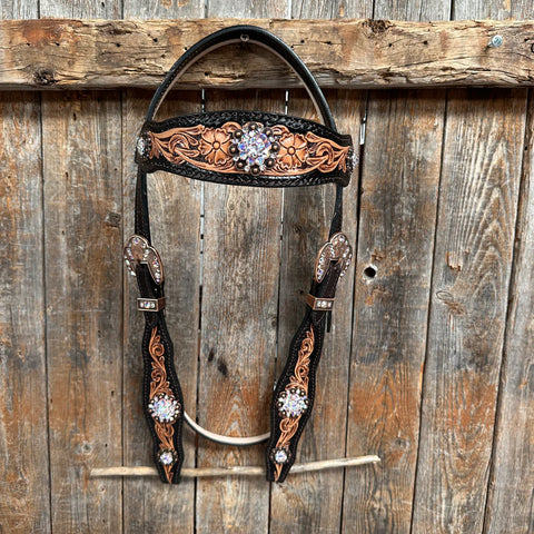 Two Tone Floral AB One Ear / Browband Breastcollar Tack Set