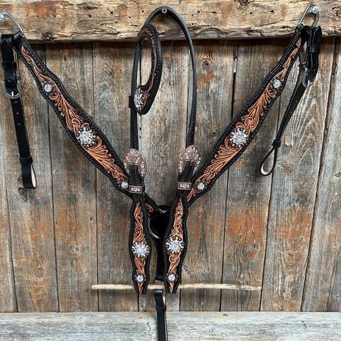 Two Tone Floral AB One Ear / Browband Breastcollar Tack Set