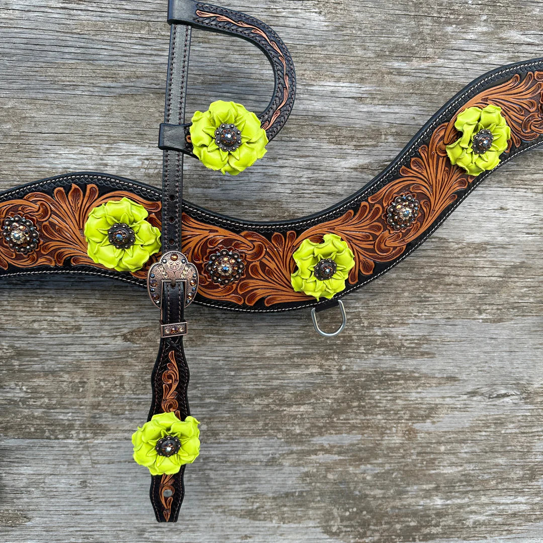 Two Tone Floral Tripping Neon Chartreuse Yellow and Jet One Ear / Breastcollar Tack Set