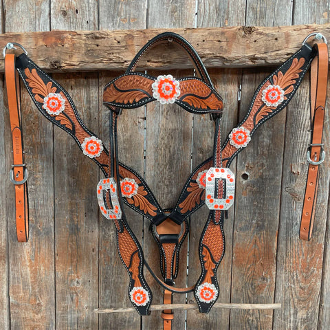 Two Tone Leaf Neon Orange Browband/One Ear Headstall & Breastcollar Tack Set