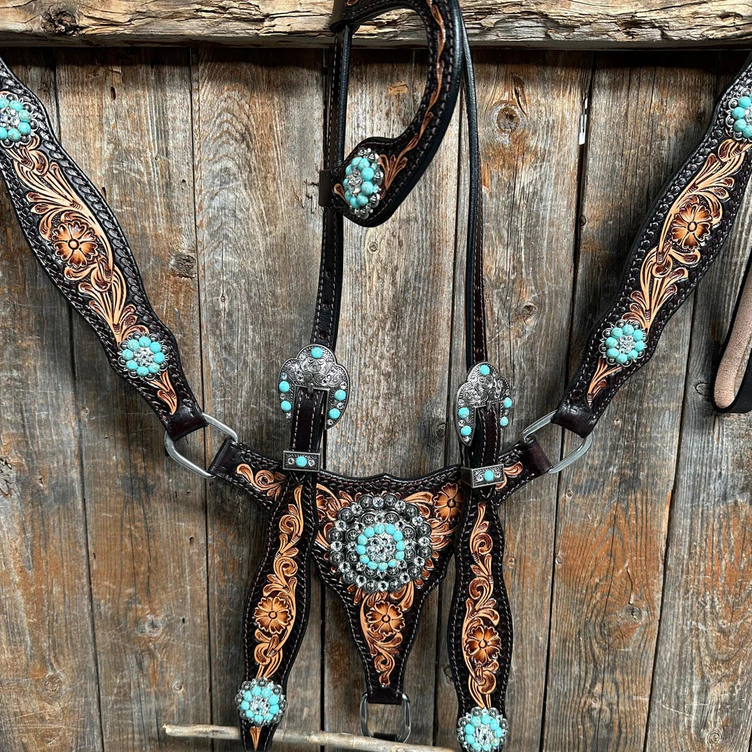 Two Tone Floral Triangle Turquoise and Clear One Ear / Gladiator Breastcollar Tack Set