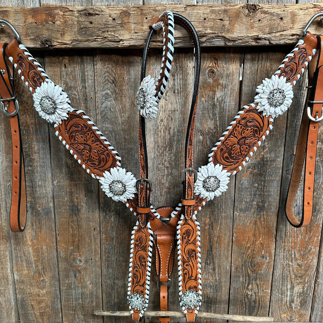 Light Oil Whipstitch White Daisy One Ear/ Breastcollar Tack Set