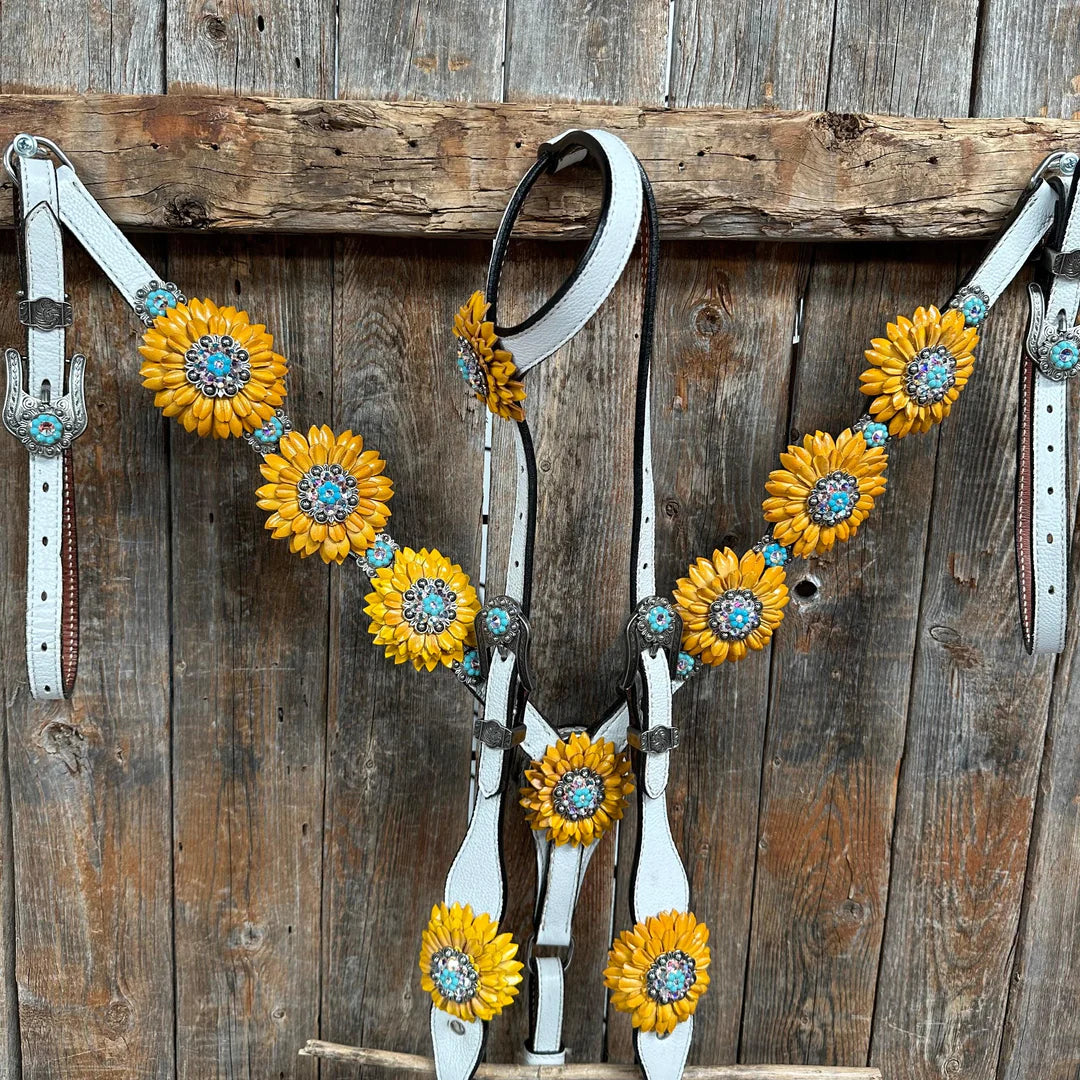 White Leather Turquoise Sunflower One Ear/ Breastcollar Tack Set