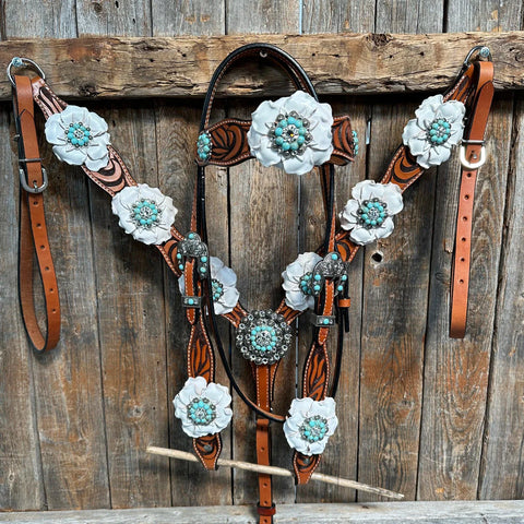 Zebra Turquoise and White Browband / Breastcollar Tack Set