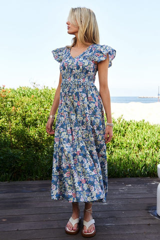 Vintage Garden Floral Flutter Smocking Midi Dress