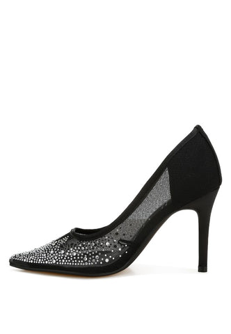 High Ball Mesh Rhinestone Stiletto Pumps